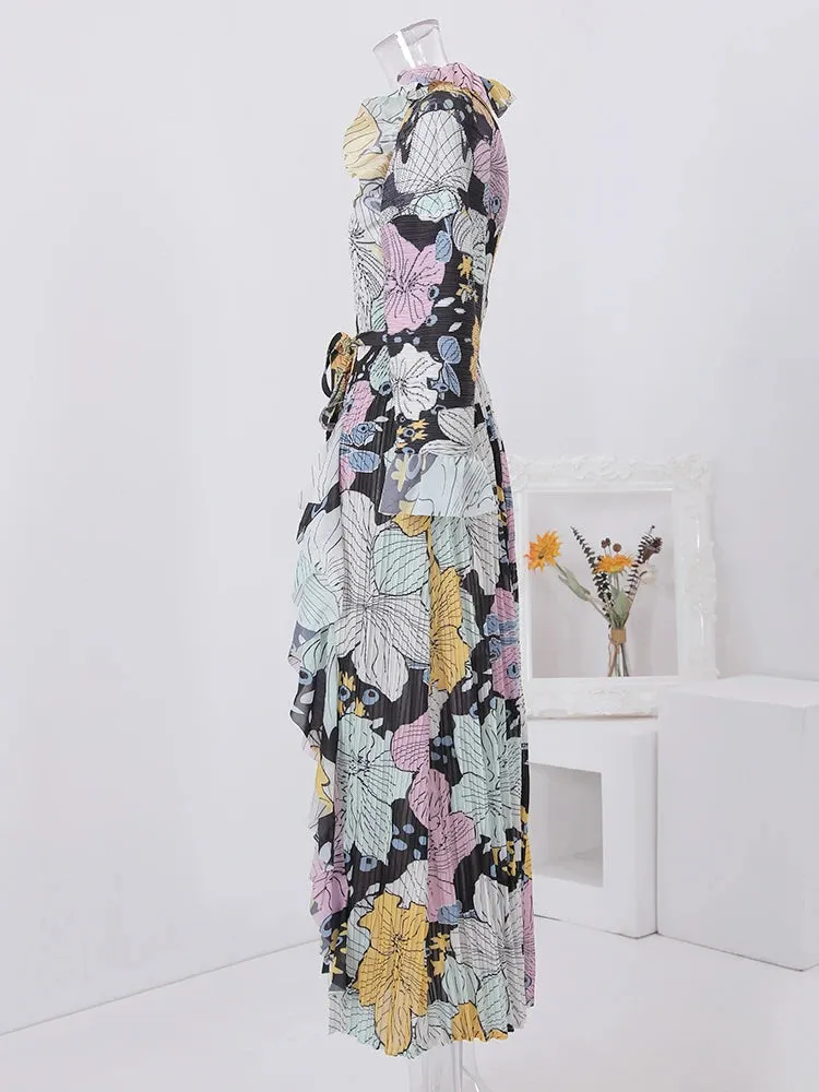 Women's Elegant Floral Ruffle Pleated Midi Dress