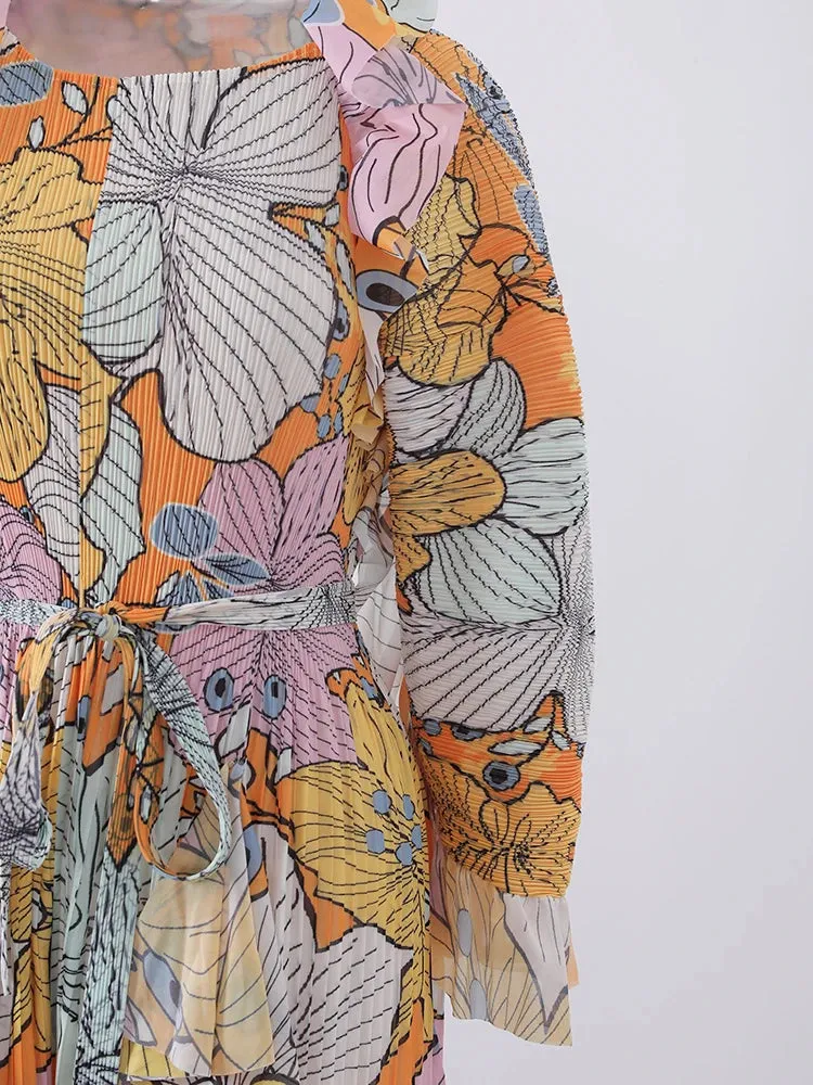 Women's Elegant Floral Ruffle Pleated Midi Dress