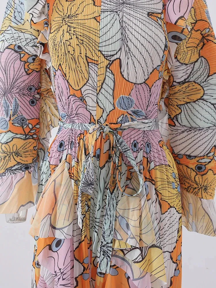 Women's Elegant Floral Ruffle Pleated Midi Dress