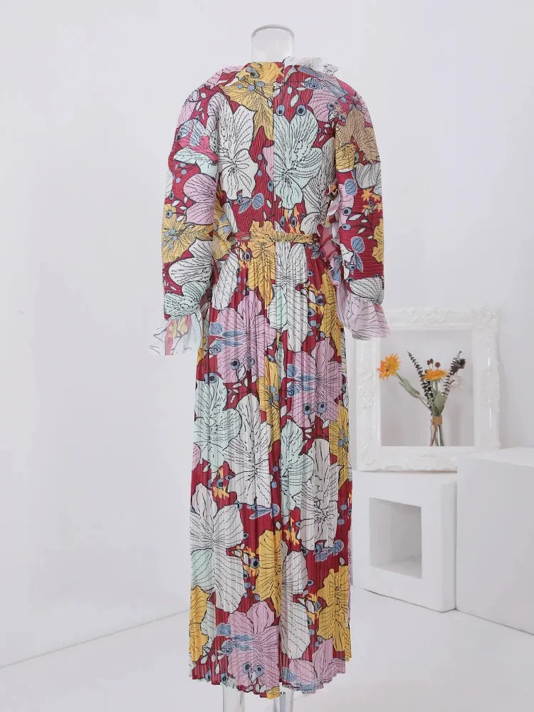 Women's Elegant Floral Ruffle Pleated Midi Dress
