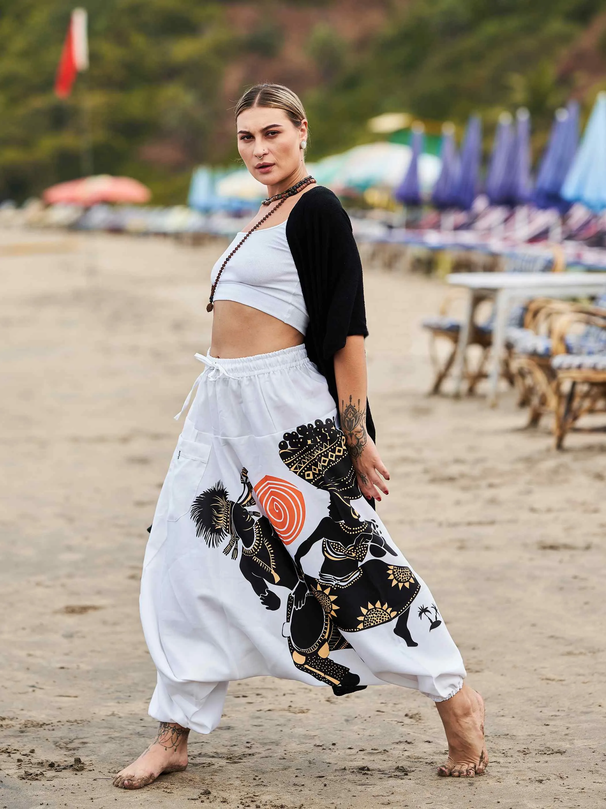 Women's Tribal Playing Drum Print Baggy Balloon Aladdin Harem Pants