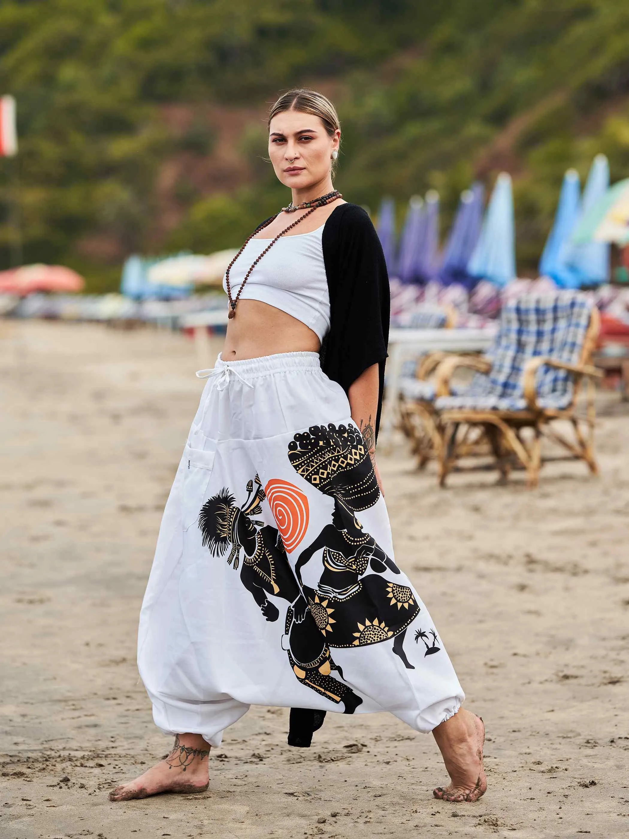 Women's Tribal Playing Drum Print Baggy Balloon Aladdin Harem Pants