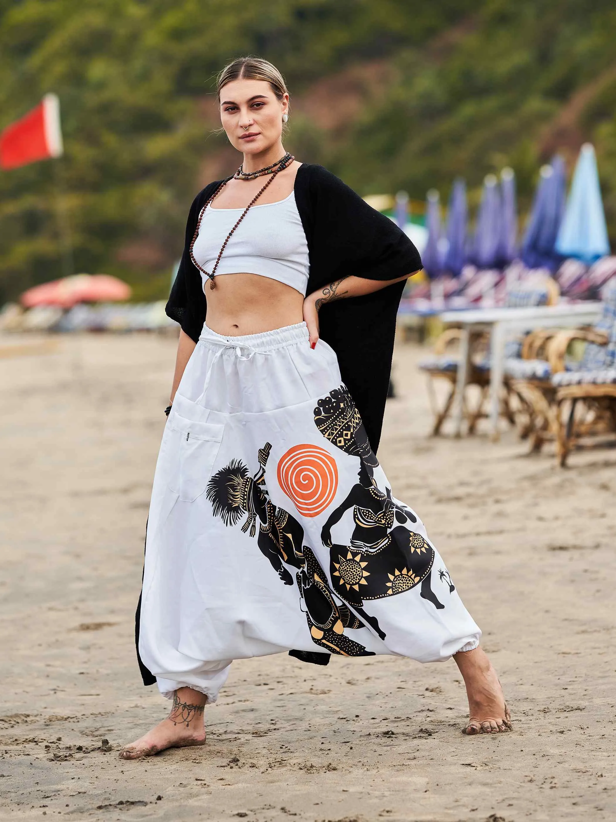 Women's Tribal Playing Drum Print Baggy Balloon Aladdin Harem Pants