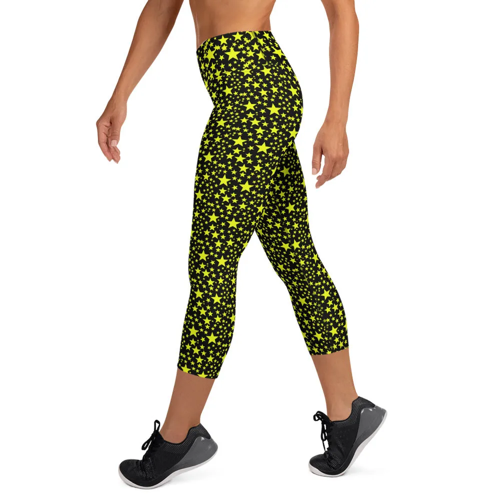 Yellow Rock Star Capri Leggings, Star Pattern Black Women's Yoga Pants-Made in USA/EU