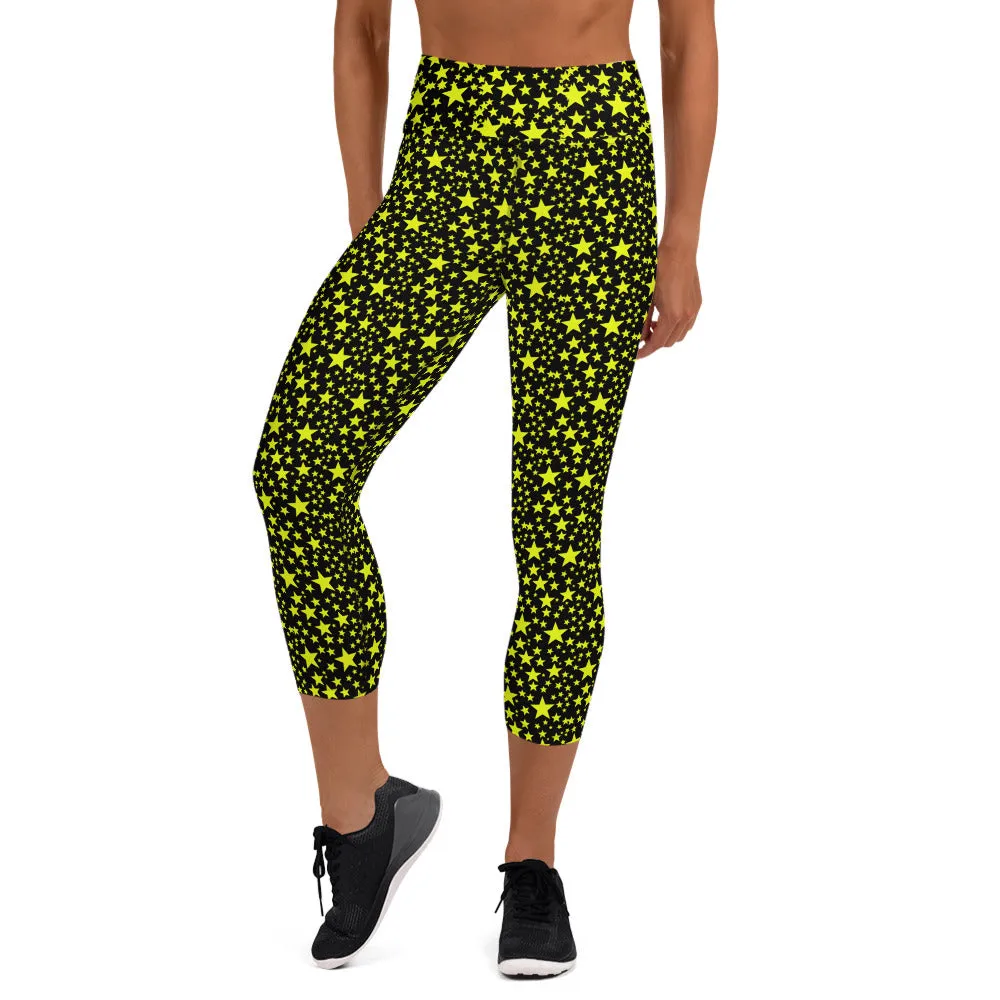 Yellow Rock Star Capri Leggings, Star Pattern Black Women's Yoga Pants-Made in USA/EU