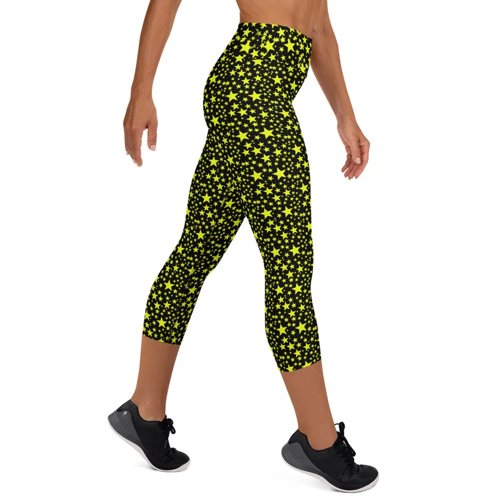 Yellow Rock Star Capri Leggings, Star Pattern Black Women's Yoga Pants-Made in USA/EU