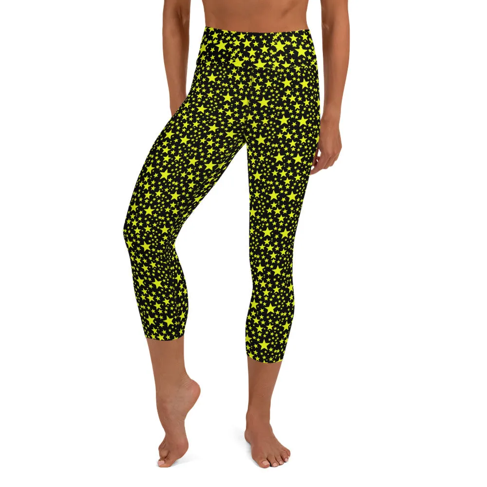 Yellow Rock Star Capri Leggings, Star Pattern Black Women's Yoga Pants-Made in USA/EU