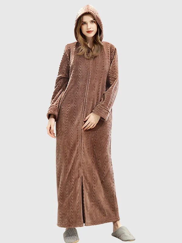 Zip-Up Long Hooded Flannel Lounge Robe