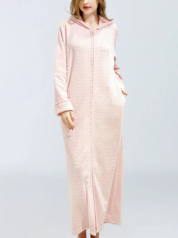 Zip-Up Long Hooded Flannel Lounge Robe