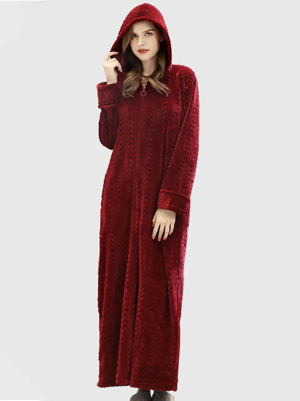 Zip-Up Long Hooded Flannel Lounge Robe
