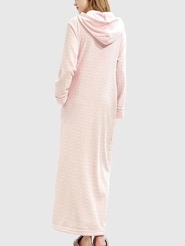 Zip-Up Long Hooded Flannel Lounge Robe