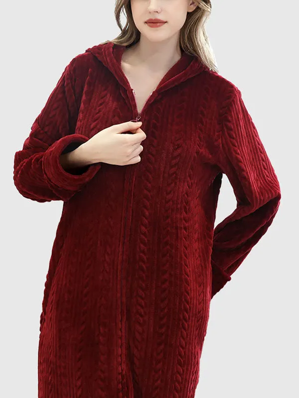 Zip-Up Long Hooded Flannel Lounge Robe