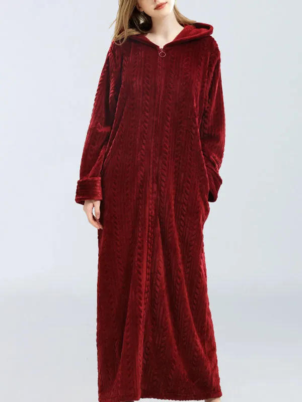 Zip-Up Long Hooded Flannel Lounge Robe