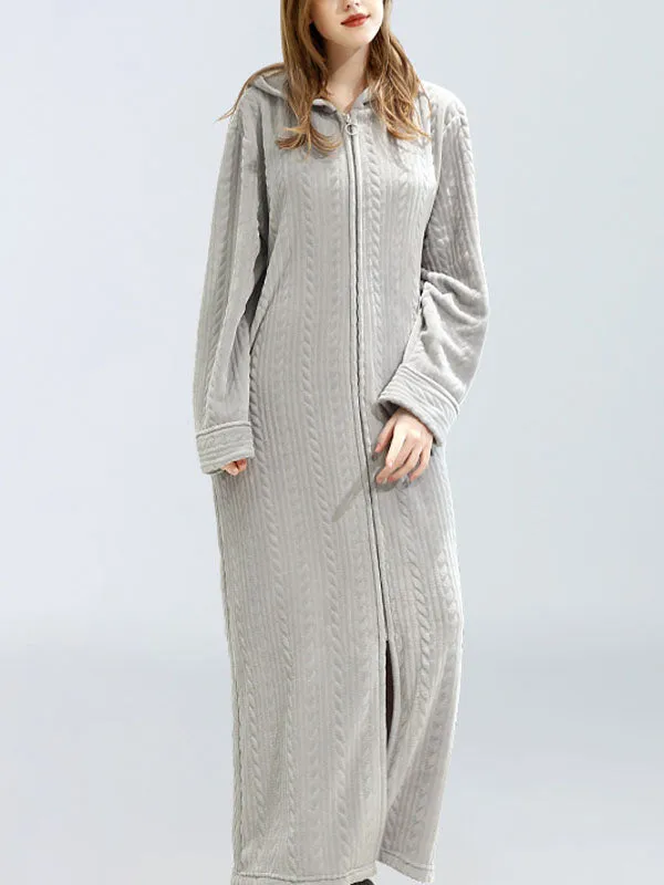 Zip-Up Long Hooded Flannel Lounge Robe
