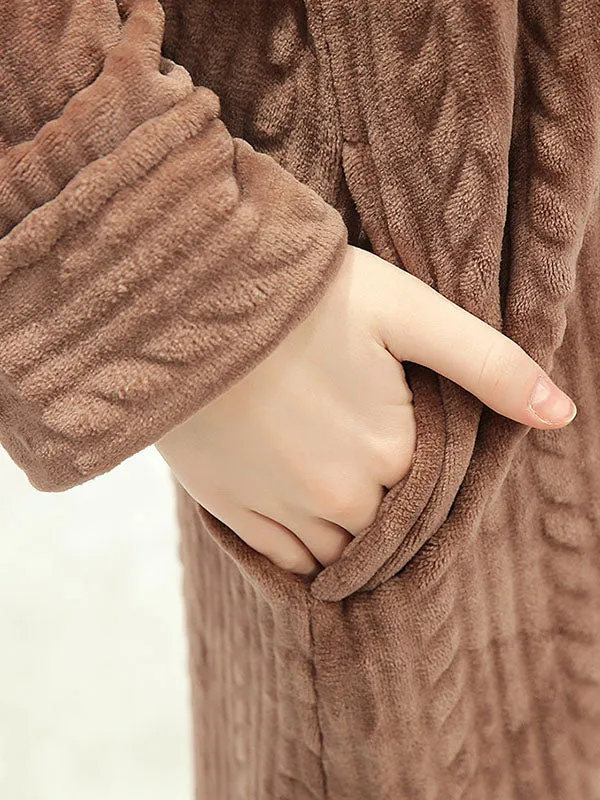 Zip-Up Long Hooded Flannel Lounge Robe