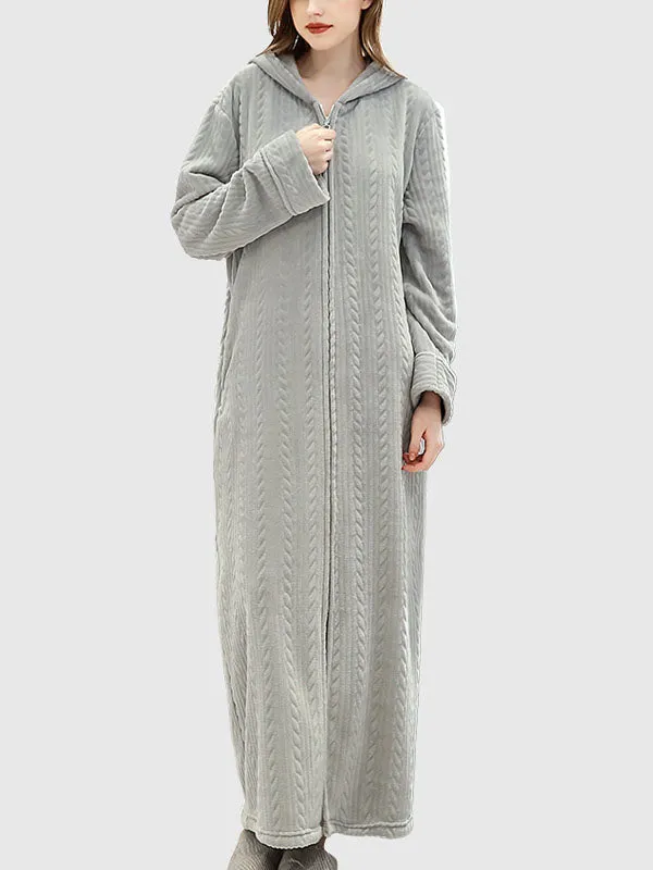Zip-Up Long Hooded Flannel Lounge Robe